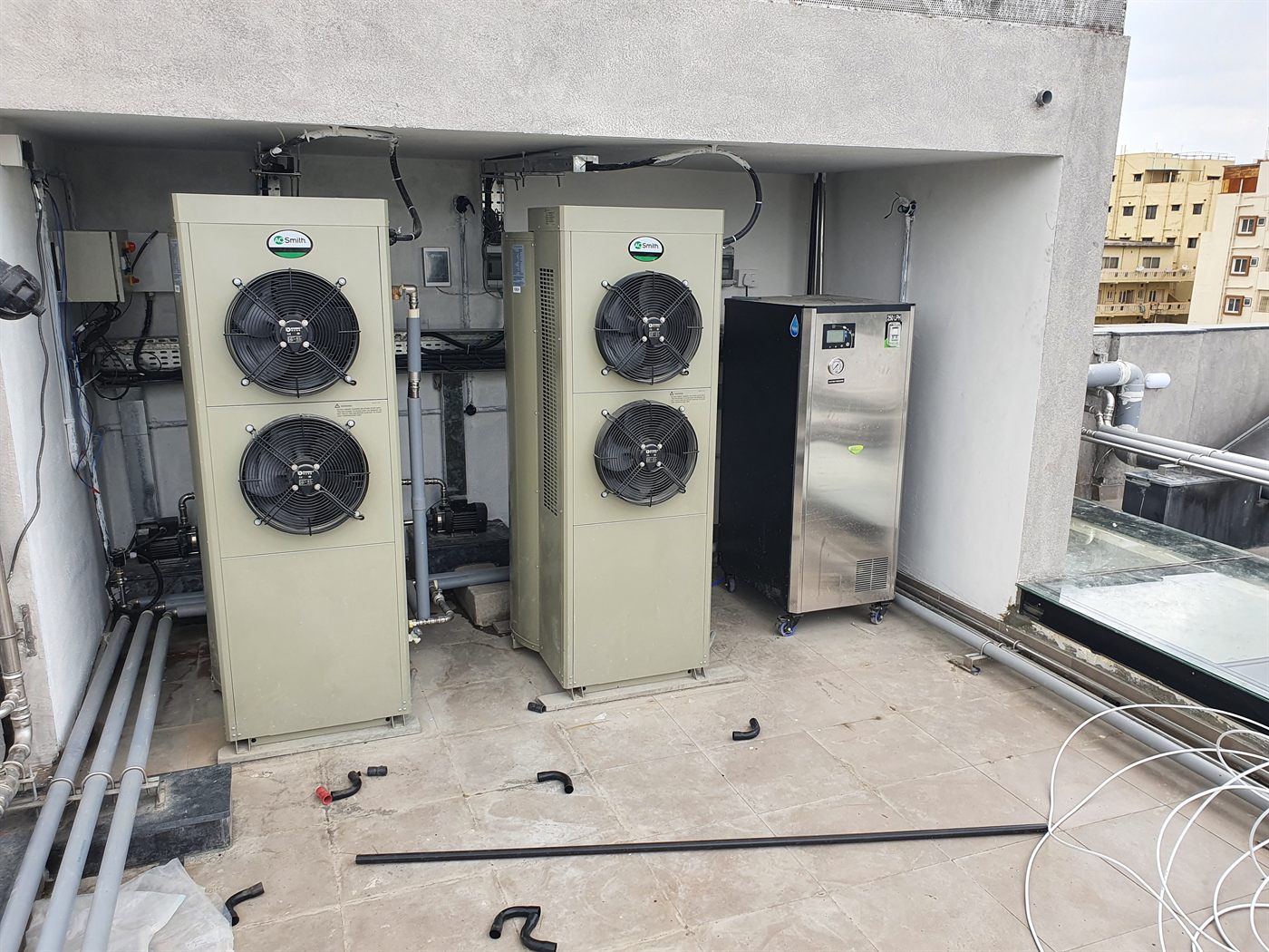 Rooftop heat pumps, filtration and hot water plant